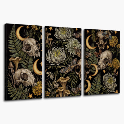 Decorative animal skulls, moons, stars, mushrooms and botanical leaves 3 piece canvas wall art on a white background