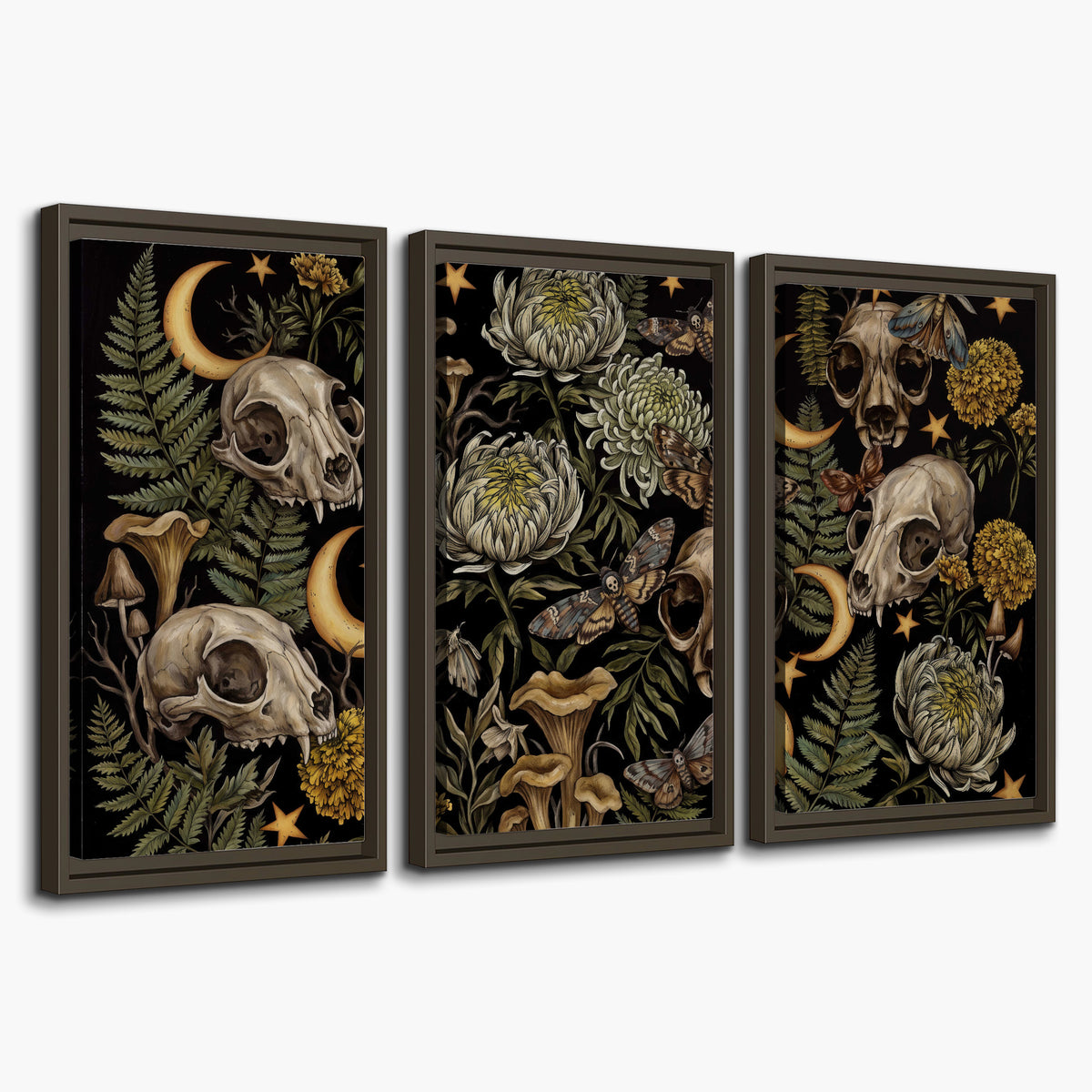 Decorative animal skulls, moons, stars, mushrooms and botanical leaves 3 piece framed canvas wall art on a white background