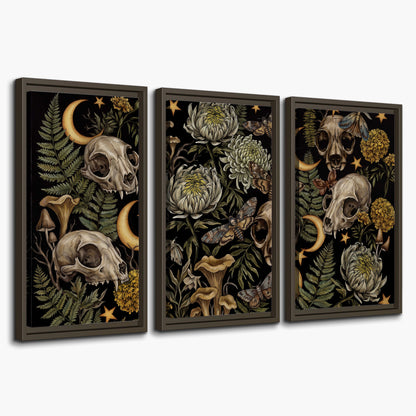 Decorative animal skulls, moons, stars, mushrooms and botanical leaves 3 piece framed canvas wall art on a white background