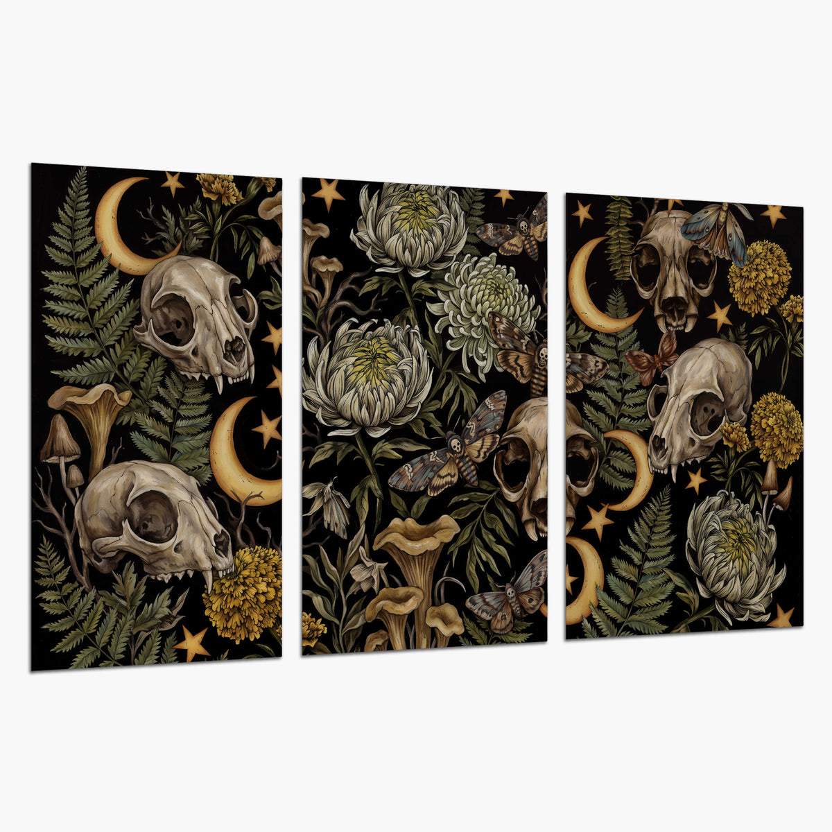 Decorative animal skulls, moons, stars, mushrooms and botanical leaves set of 3 poster prints on a white background