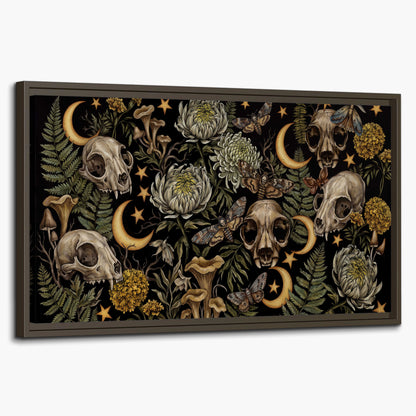Decorative animal skulls, moons, stars, mushrooms and botanical leaves single framed canvas wall art on a white background