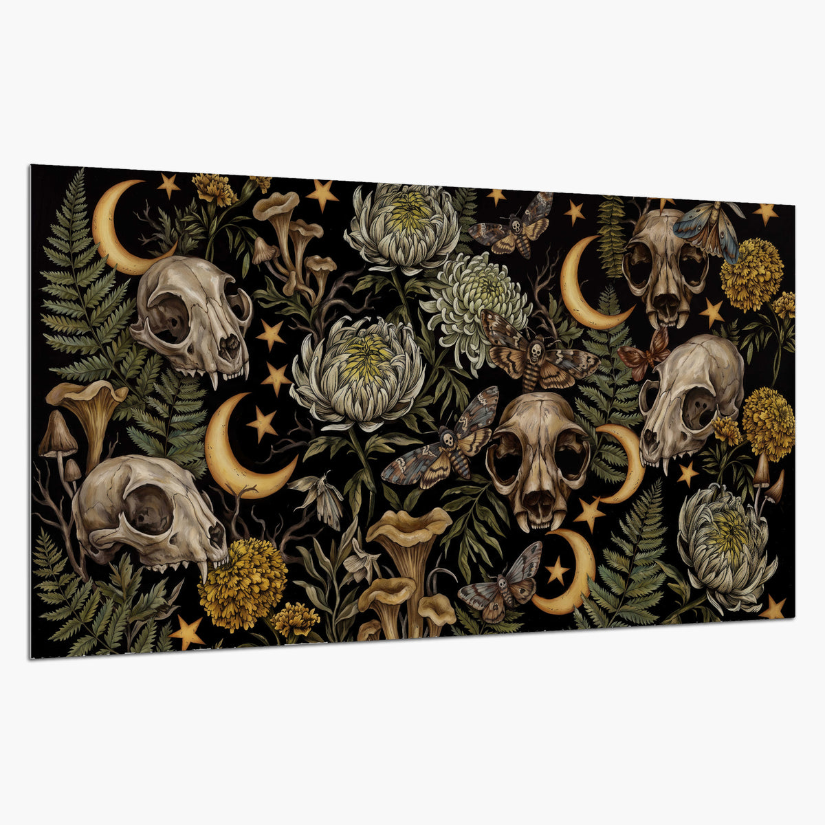 Decorative animal skulls, moons, stars, mushrooms and botanical leaves single poster print on a white background