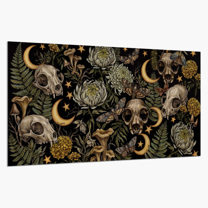 Decorative animal skulls, moons, stars, mushrooms and botanical leaves single poster print on a white background