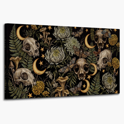 Decorative animal skulls, moons, stars, mushrooms and botanical leaves single canvas wall art on a white background