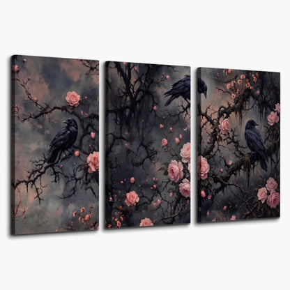 Black ravens perched among pink roses and dark branches 3 piece canvas wall art on a white background