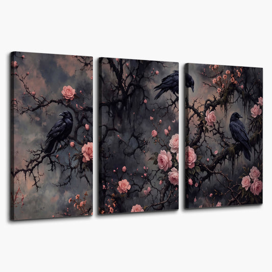 Black ravens perched among pink roses and dark branches 3 piece canvas wall art on a white background