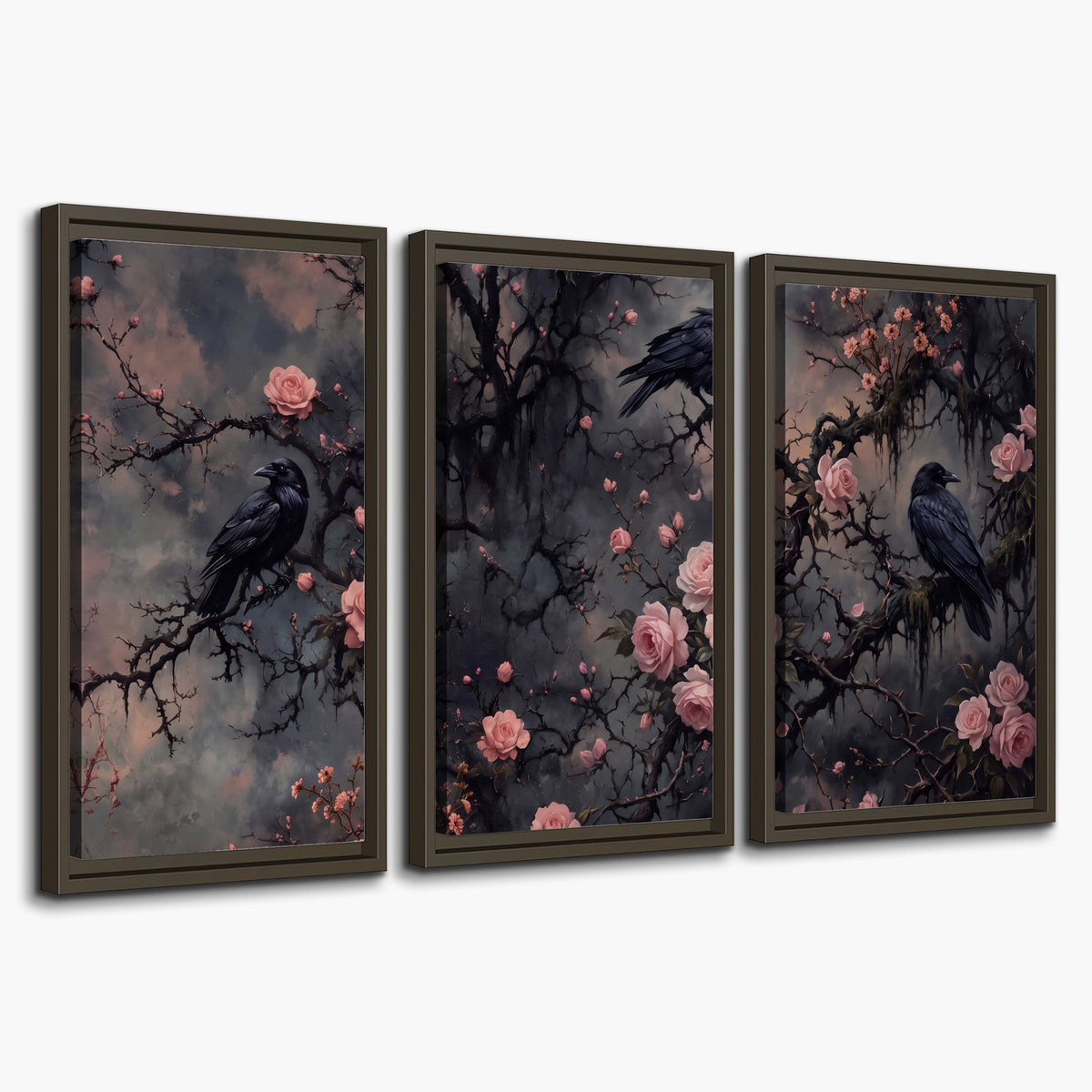 Black ravens perched among pink roses and dark branches 3 piece framed canvas wall art on a white background