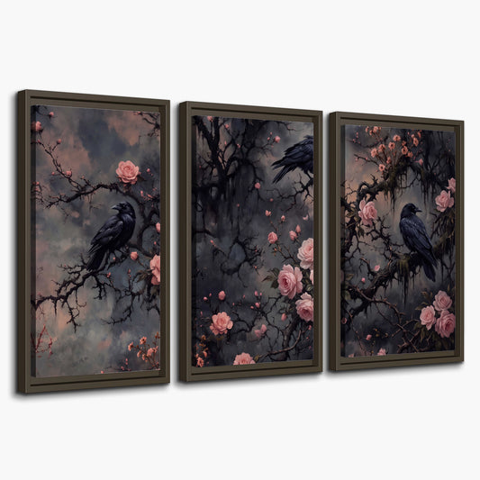 Black ravens perched among pink roses and dark branches 3 piece framed canvas wall art on a white background