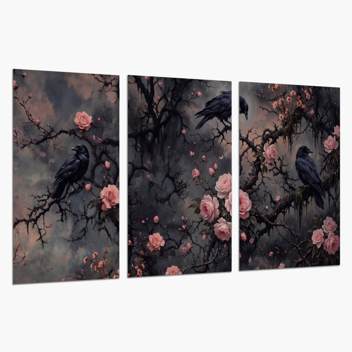 Black ravens perched among pink roses and dark branches set of 3 poster prints on a white background