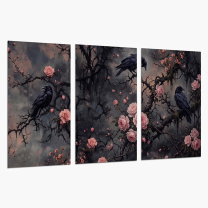 Black ravens perched among pink roses and dark branches set of 3 poster prints on a white background