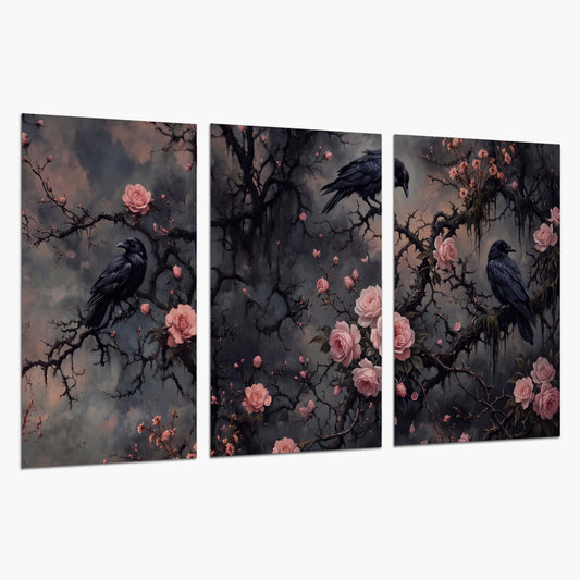 Black ravens perched among pink roses and dark branches set of 3 poster prints on a white background