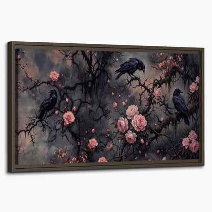 Black ravens perched among pink roses and dark branches single framed canvas wall art on a white background