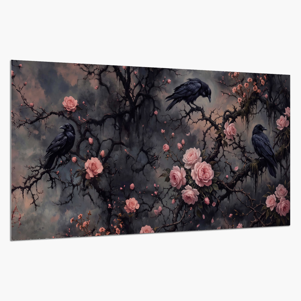 Black ravens perched among pink roses and dark branches single poster print on a white background