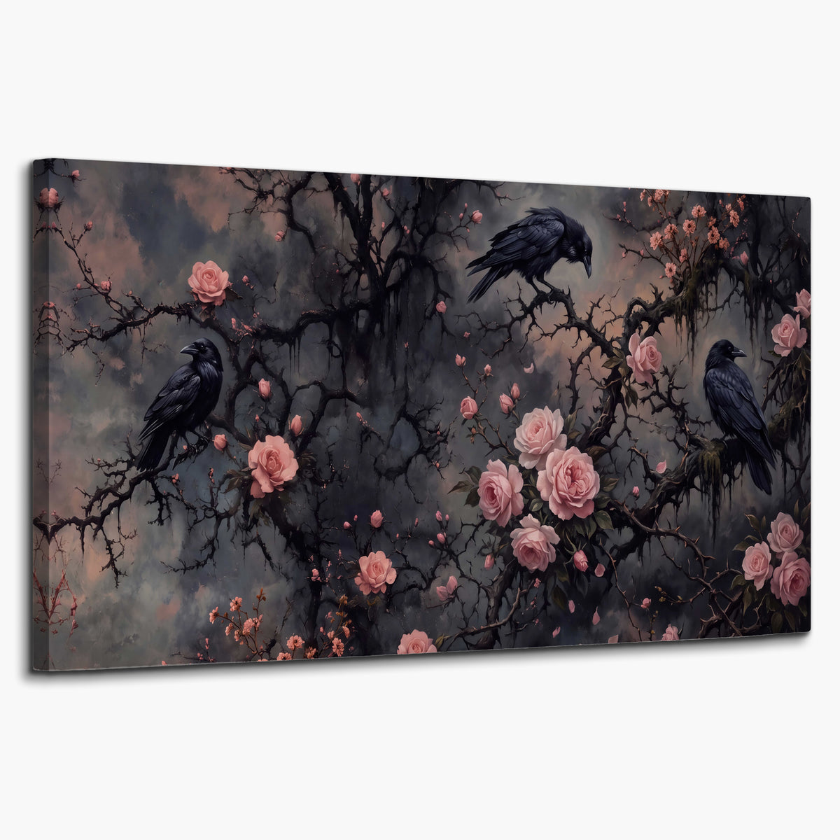 Black ravens perched among pink roses and dark branches single canvas wall art on a white background