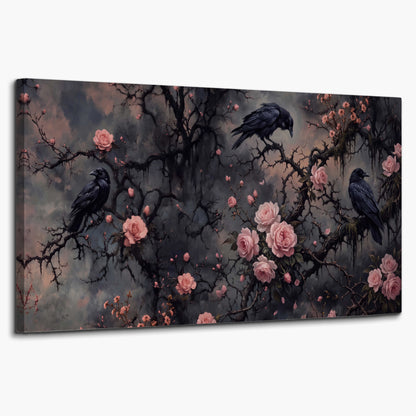 Black ravens perched among pink roses and dark branches single canvas wall art on a white background