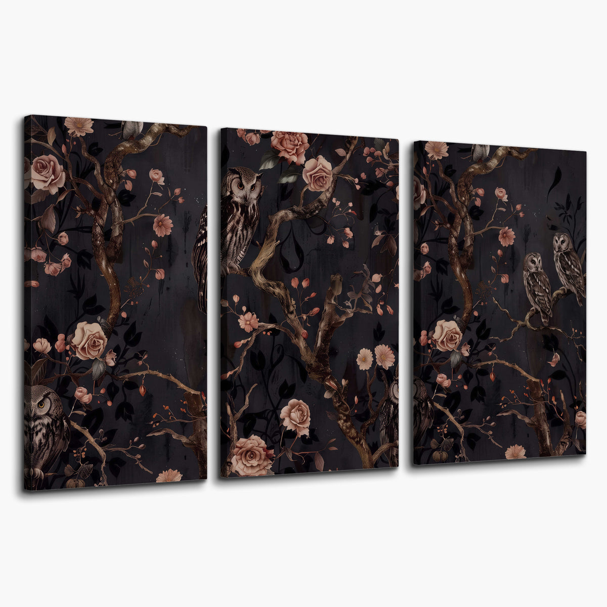Owls among curling branches and dusty pink flowers on dark gray 3 piece canvas wall art on a white background