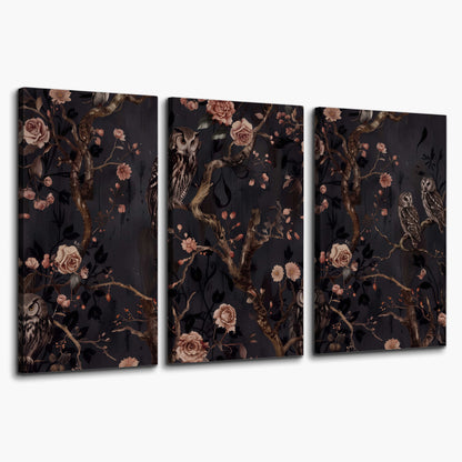 Owls among curling branches and dusty pink flowers on dark gray 3 piece canvas wall art on a white background