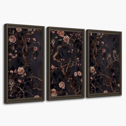 Owls among curling branches and dusty pink flowers on dark gray 3 piece framed canvas wall art on a white background