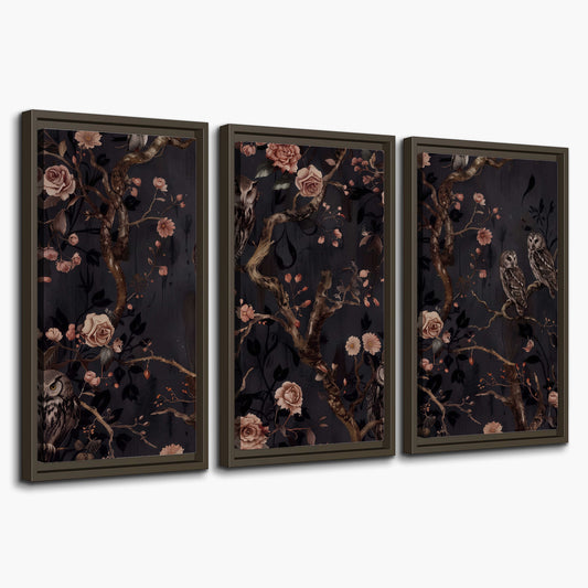 Owls among curling branches and dusty pink flowers on dark gray 3 piece framed canvas wall art on a white background