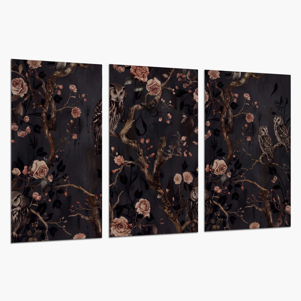 Owls among curling branches and dusty pink flowers on dark gray set of 3 poster prints on a white background
