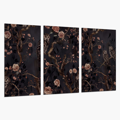 Owls among curling branches and dusty pink flowers on dark gray set of 3 poster prints on a white background