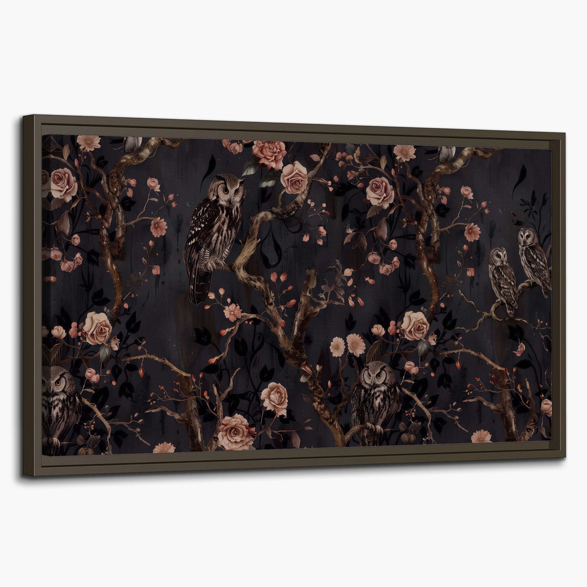 Owls among curling branches and dusty pink flowers on dark gray single framed canvas wall art on a white background
