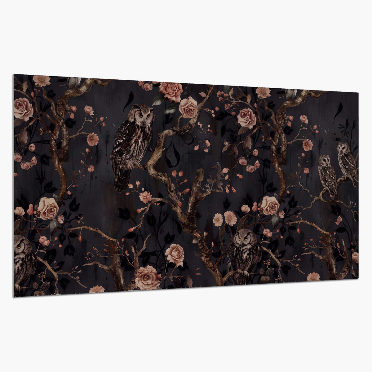 Owls among curling branches and dusty pink flowers on dark gray single poster print on a white background