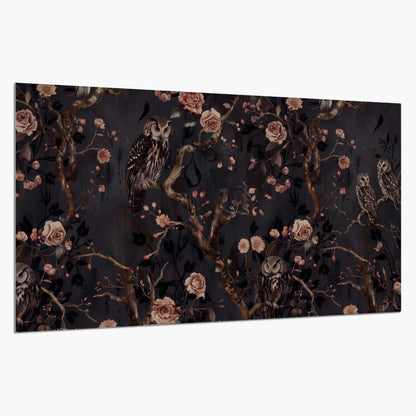 Owls among curling branches and dusty pink flowers on dark gray single poster print on a white background