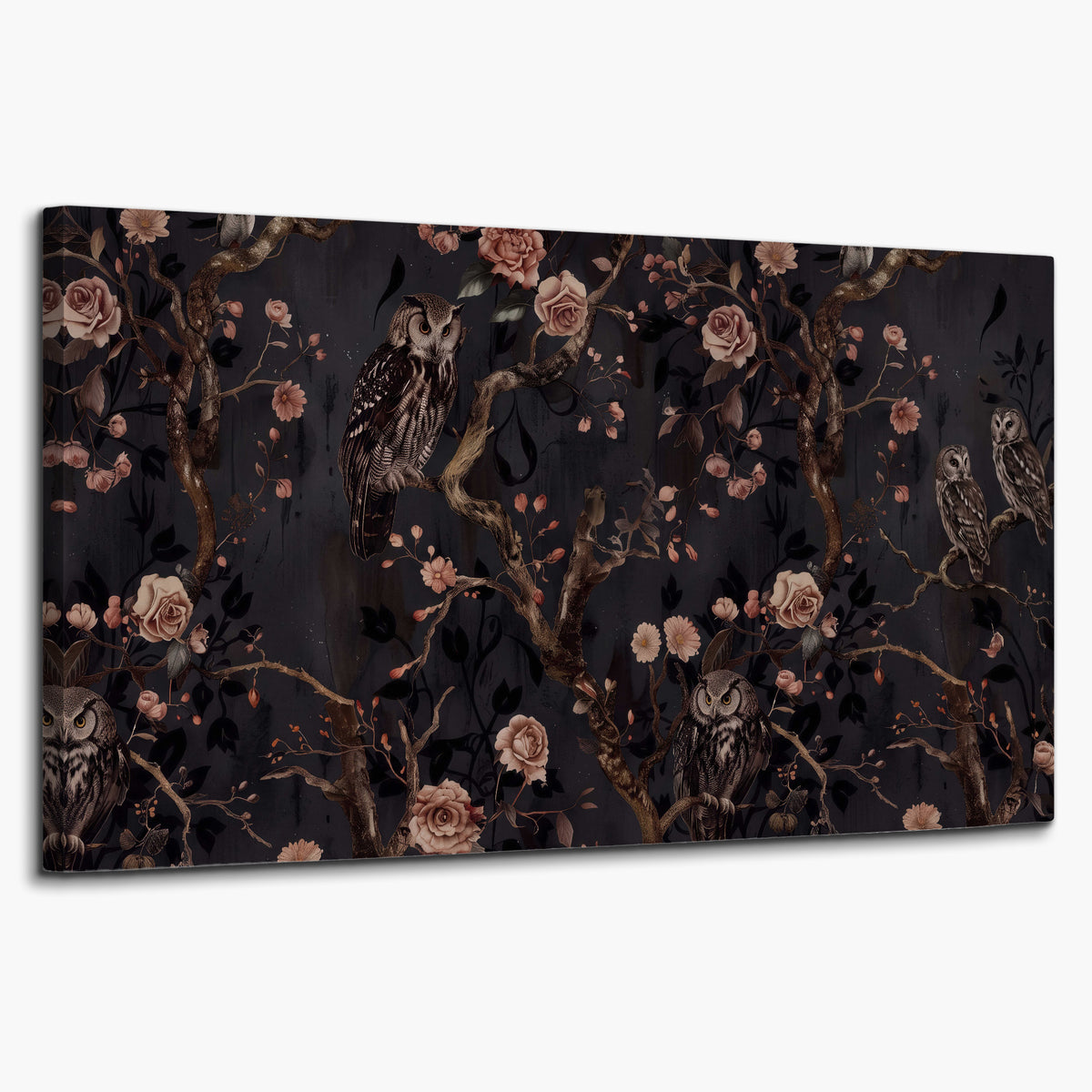 Owls among curling branches and dusty pink flowers on dark gray single canvas wall art on a white background