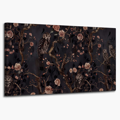 Owls among curling branches and dusty pink flowers on dark gray single canvas wall art on a white background