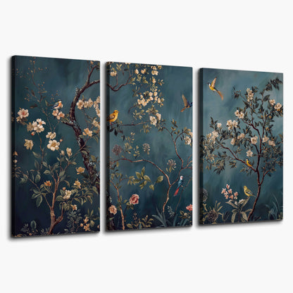 Colorful birds and pale blossoms on branches against teal blue 3 piece canvas wall art on a white background