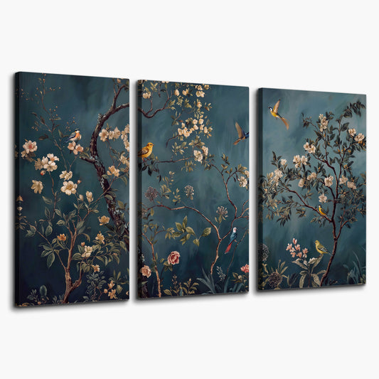 Colorful birds and pale blossoms on branches against teal blue 3 piece canvas wall art on a white background