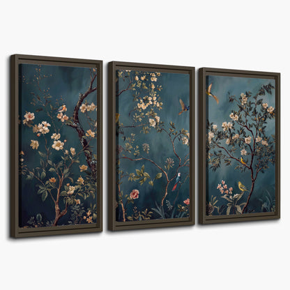 Colorful birds and pale blossoms on branches against teal blue 3 piece framed canvas wall art on a white background