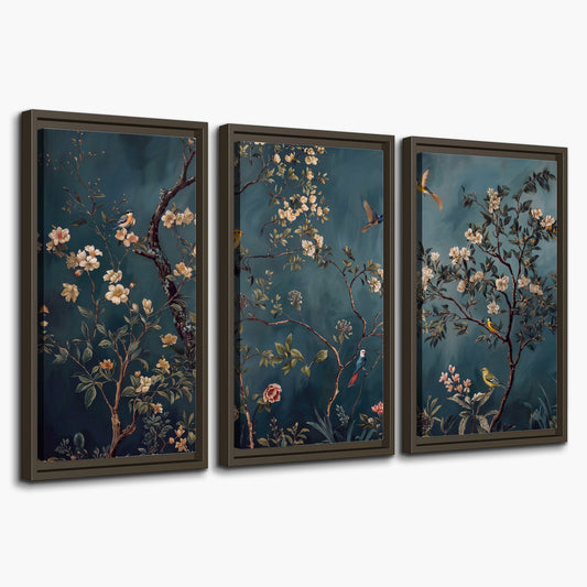 Colorful birds and pale blossoms on branches against teal blue 3 piece framed canvas wall art on a white background