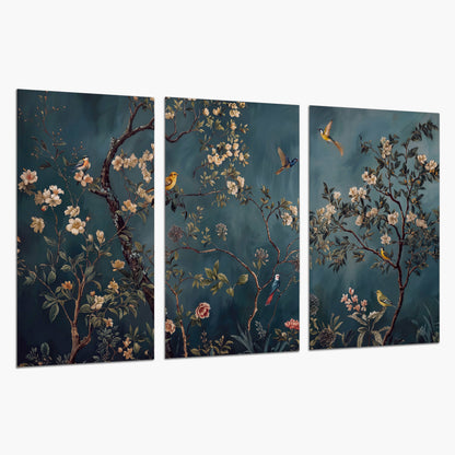 Colorful birds and pale blossoms on branches against teal blue set of 3 poster prints on a white background