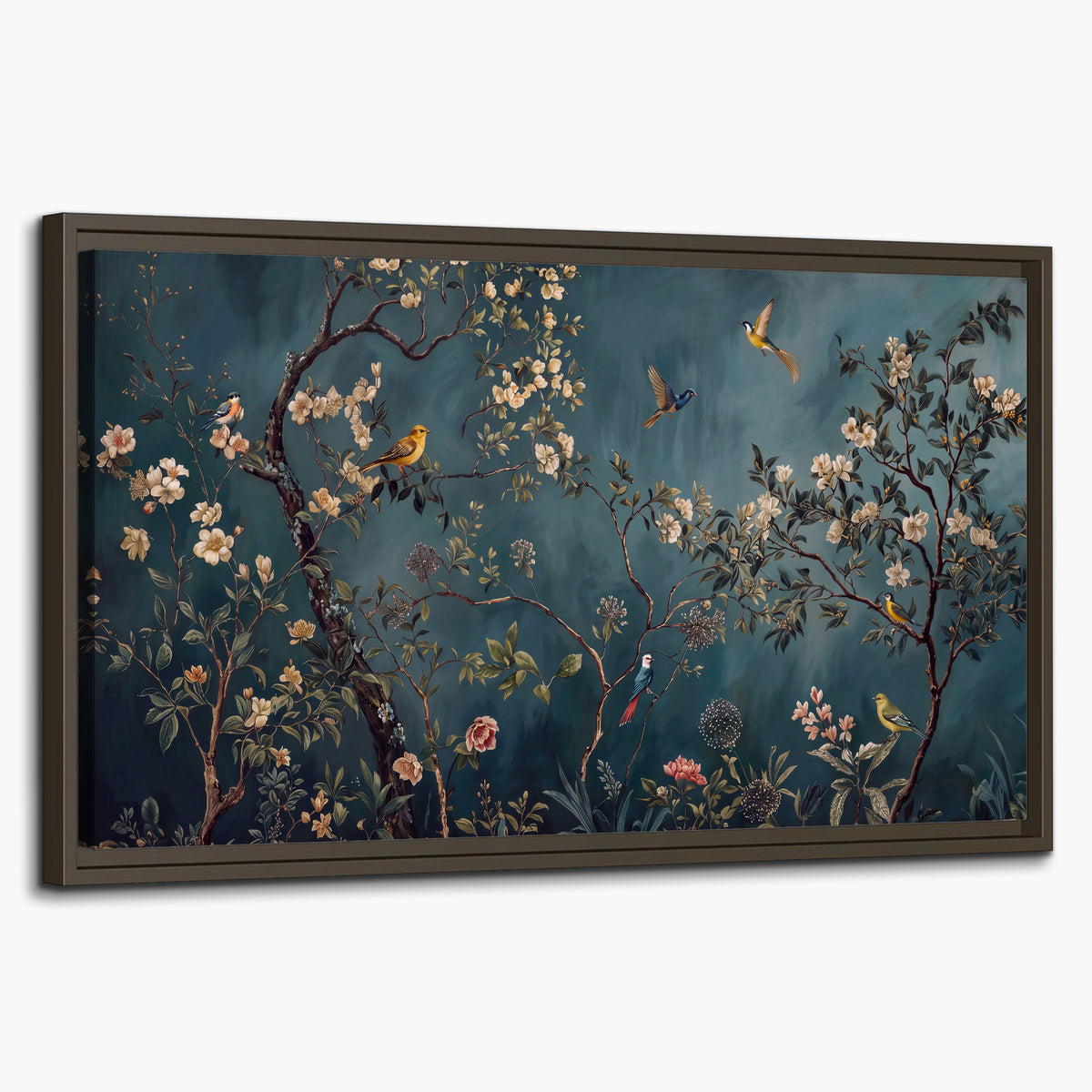 Colorful birds and pale blossoms on branches against teal blue single framed canvas wall art on a white background