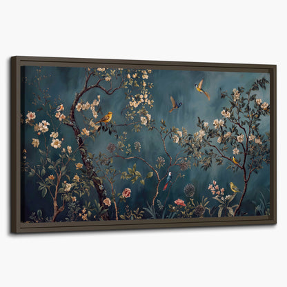 Colorful birds and pale blossoms on branches against teal blue single framed canvas wall art on a white background