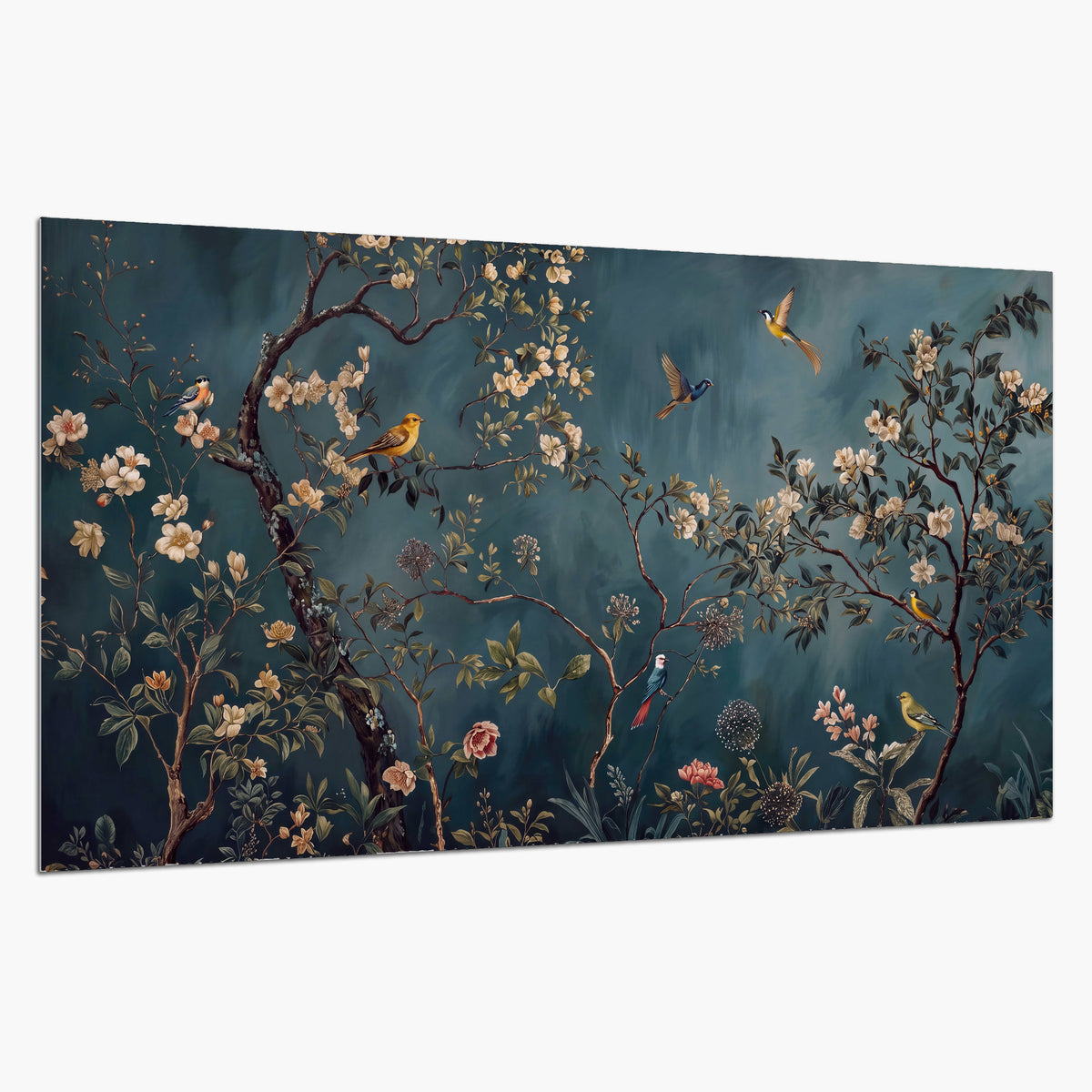 Colorful birds and pale blossoms on branches against teal blue single poster print on a white background
