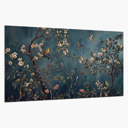 Colorful birds and pale blossoms on branches against teal blue single poster print on a white background