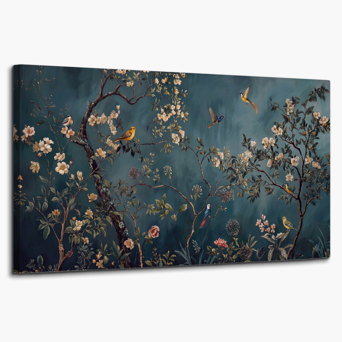 Colorful birds and pale blossoms on branches against teal blue single canvas wall art on a white background