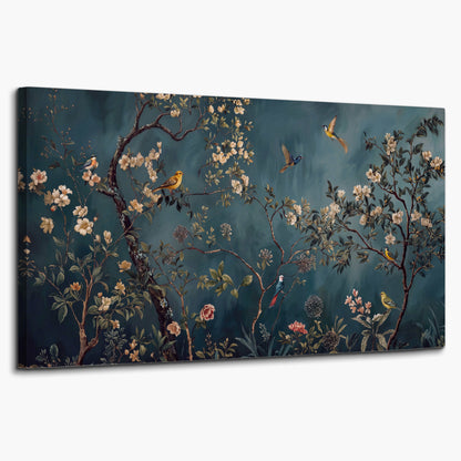Colorful birds and pale blossoms on branches against teal blue single canvas wall art on a white background