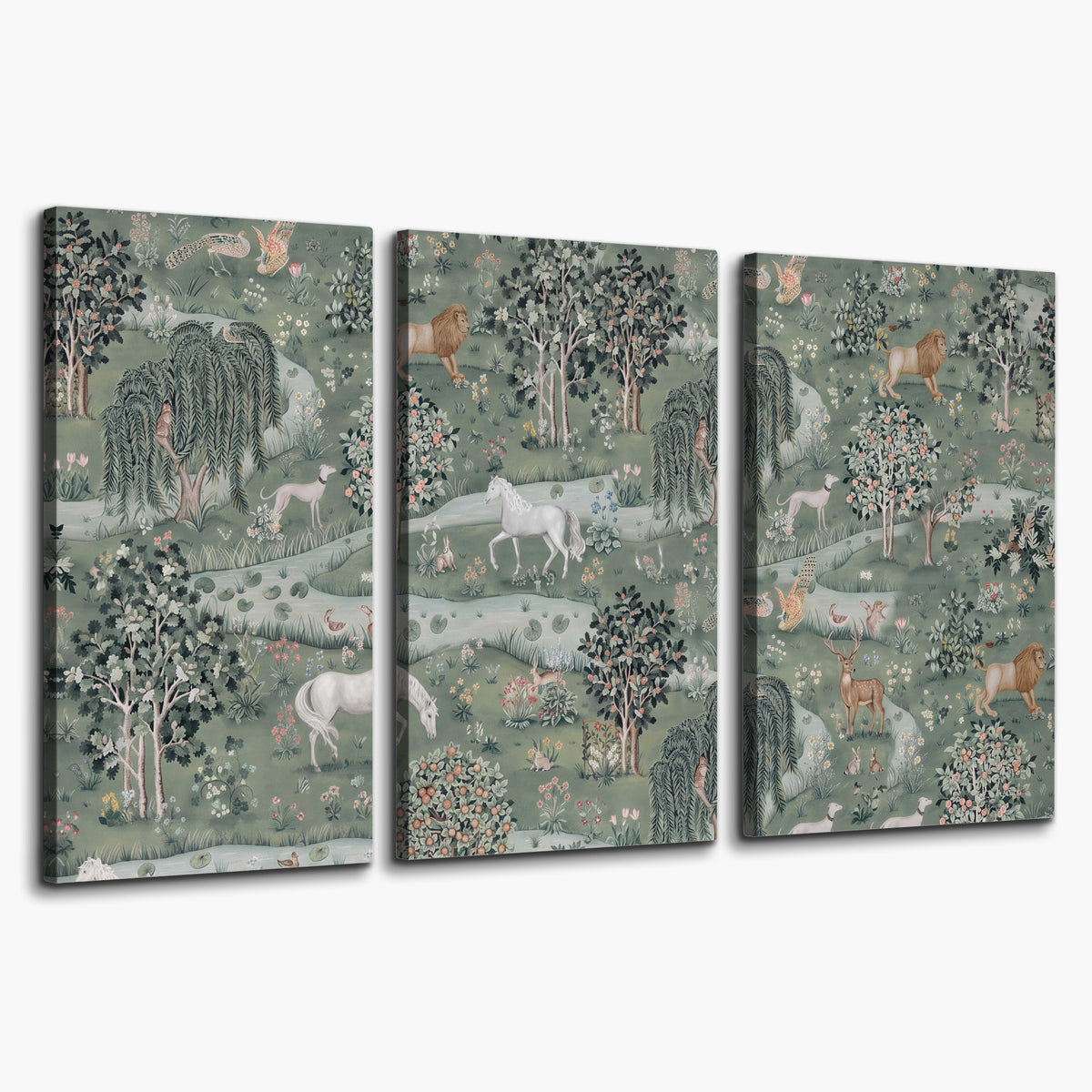 Decorative white horses and woodland animals among sage trees 3 piece canvas wall art on a white background