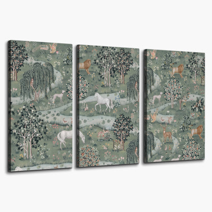 Decorative white horses and woodland animals among sage trees 3 piece canvas wall art on a white background