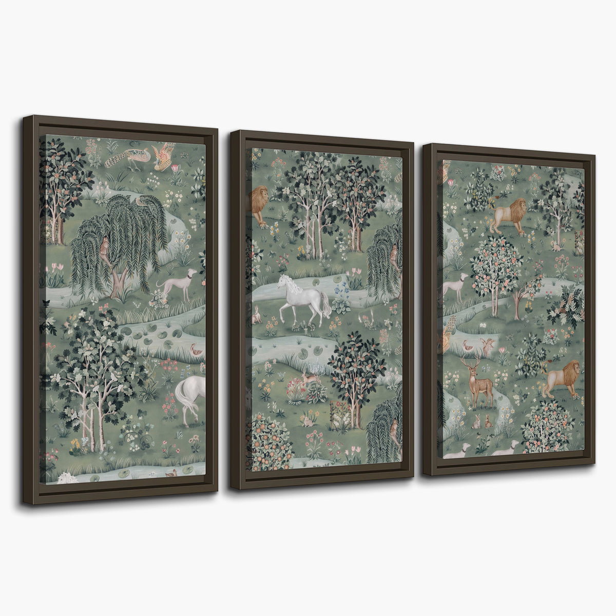 Decorative white horses and woodland animals among sage trees 3 piece framed canvas wall art on a white background