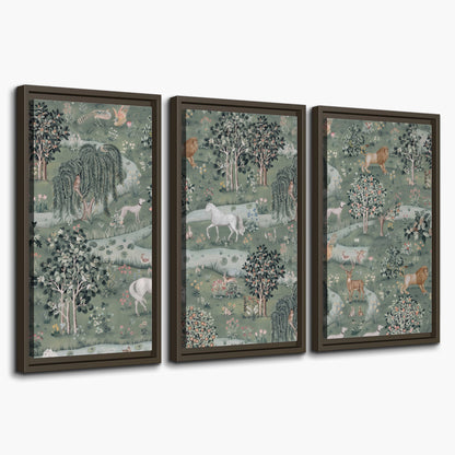 Decorative white horses and woodland animals among sage trees 3 piece framed canvas wall art on a white background