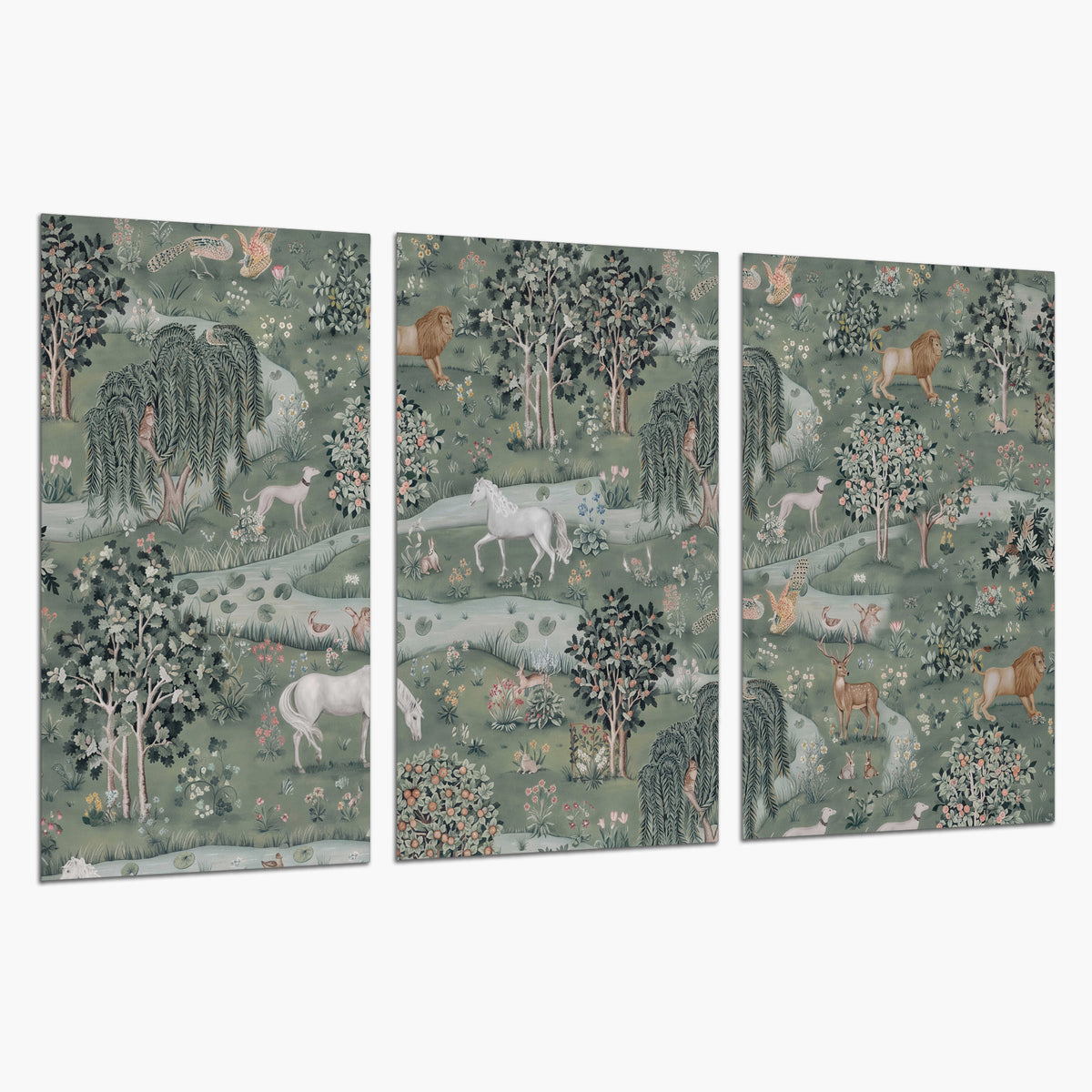 Decorative white horses and woodland animals among sage trees set of 3 poster prints on a white background