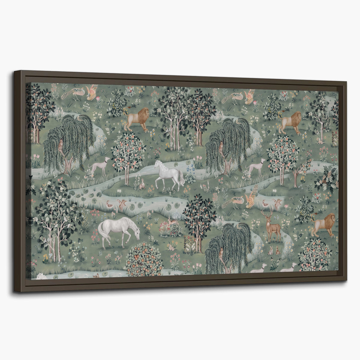 Decorative white horses and woodland animals among sage trees single framed canvas wall art on a white background