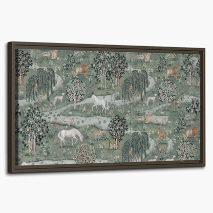 Decorative white horses and woodland animals among sage trees single framed canvas wall art on a white background