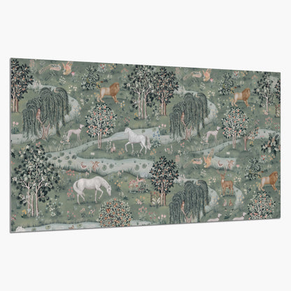 Decorative white horses and woodland animals among sage trees single poster print on a white background