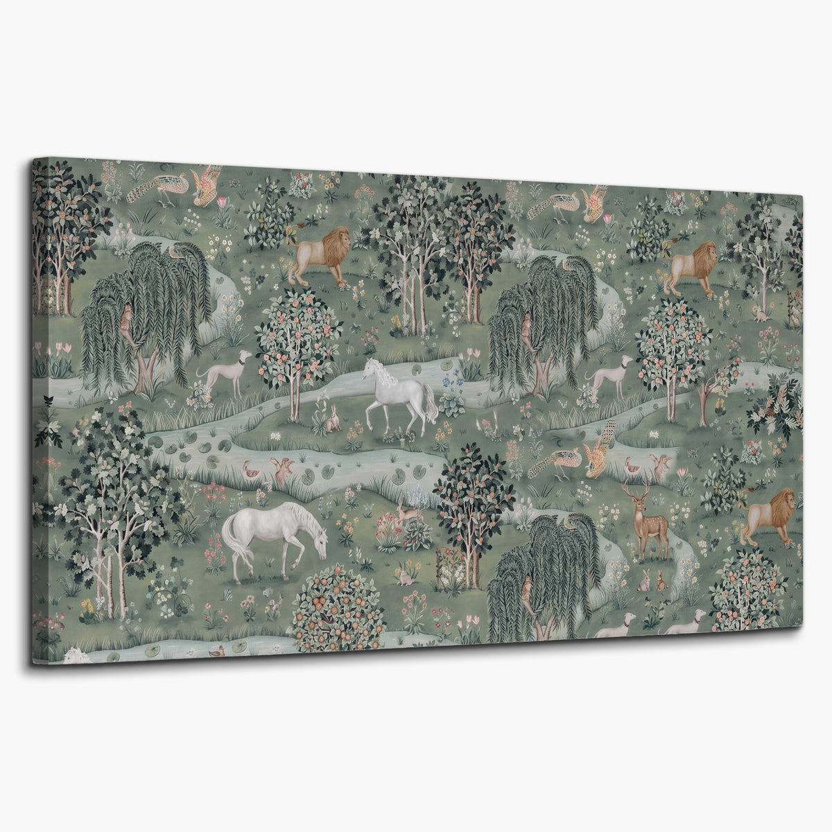 Decorative white horses and woodland animals among sage trees single canvas wall art on a white background